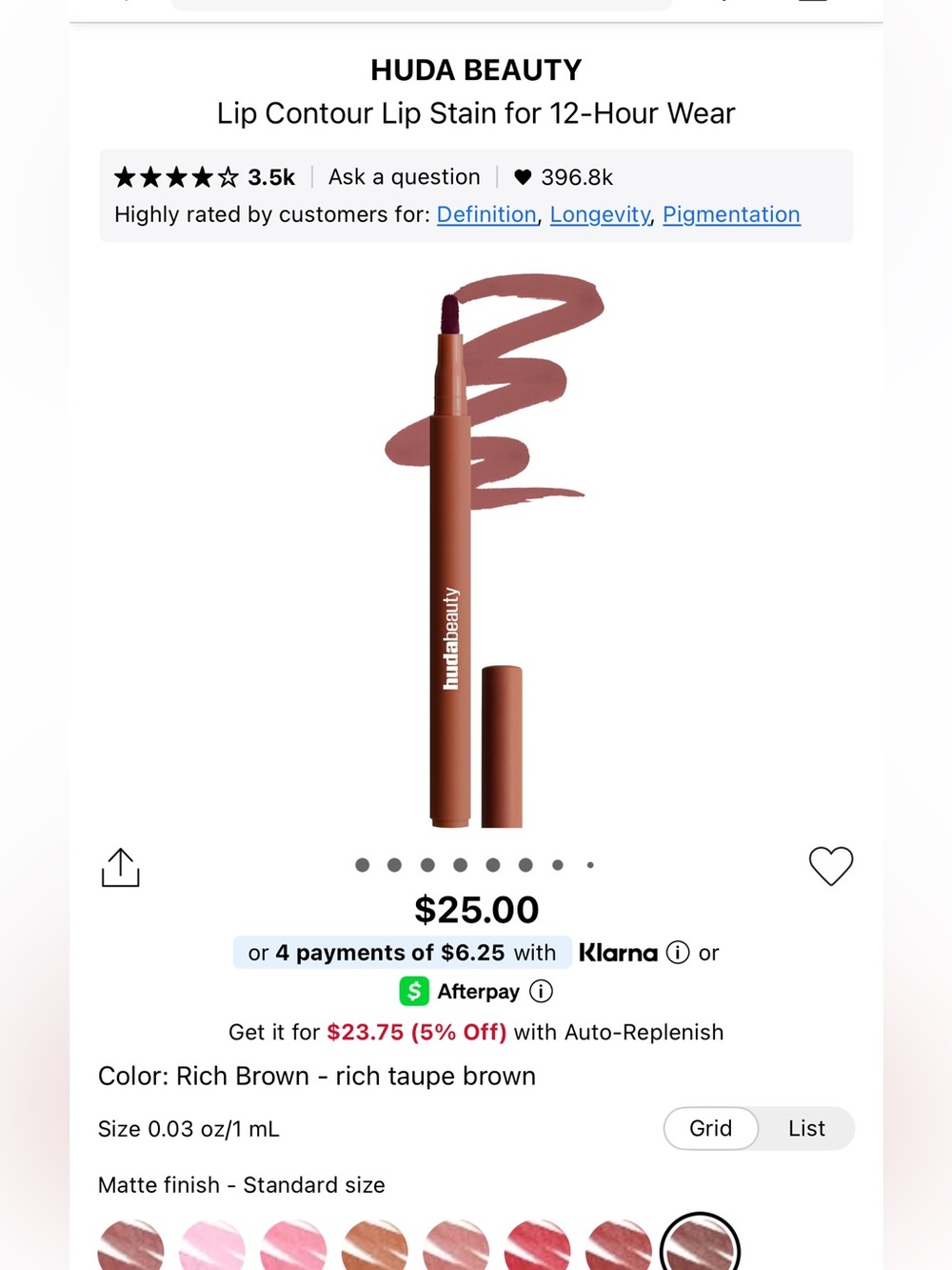 Huda beauty lip contour lip stain for 12 hour wear, color is rich brown